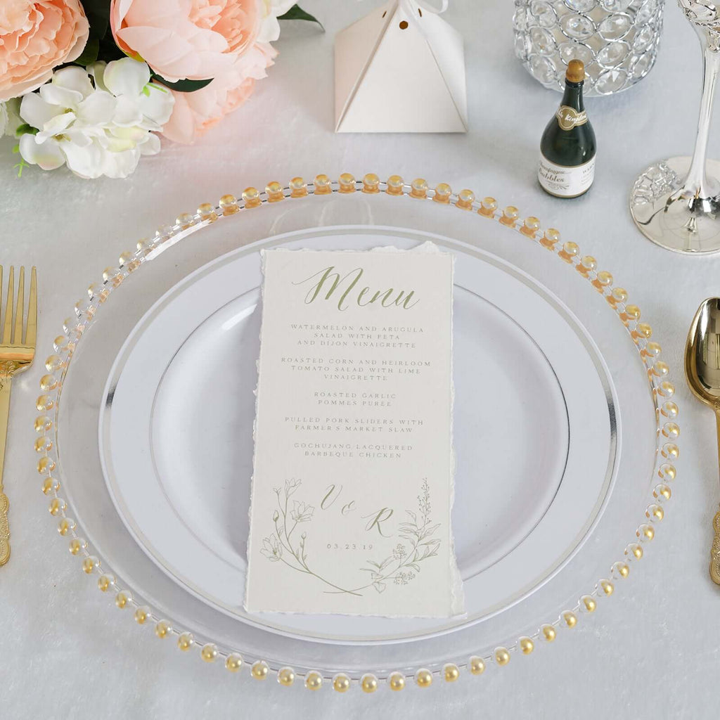 6-Pack Acrylic Charger Plates 13" Round Clear with Gold Beaded Rim - Decorative Dinner Party Serving Plates
